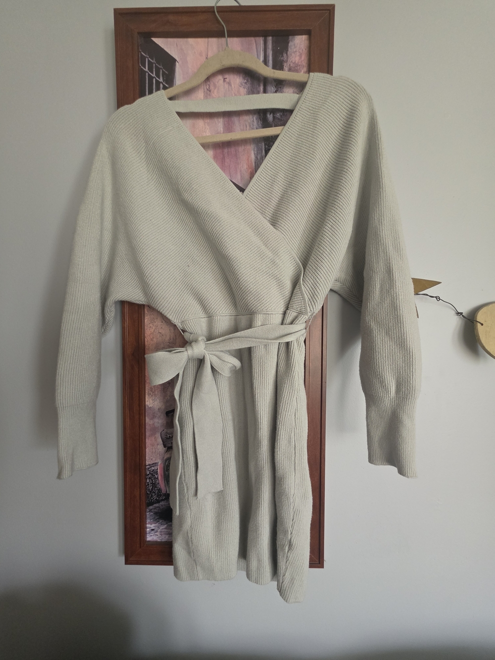 Ribbed Knit Wrap Sweater Dress - Light Sage